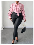 On Dot Print Bow Tie Neck Long Sleeve Blouse
