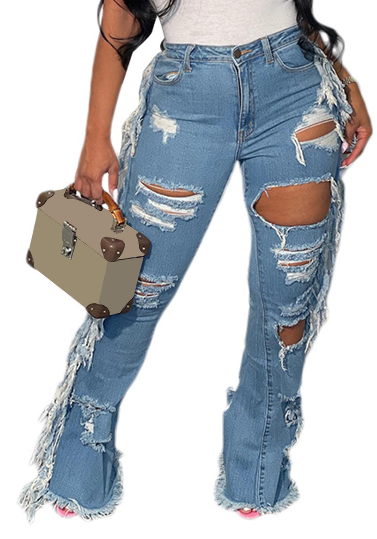 Cookies Ripped Bell Bottom Jean High Wiasted Cutout Tassels Frayed Hem Flare Denim Pants