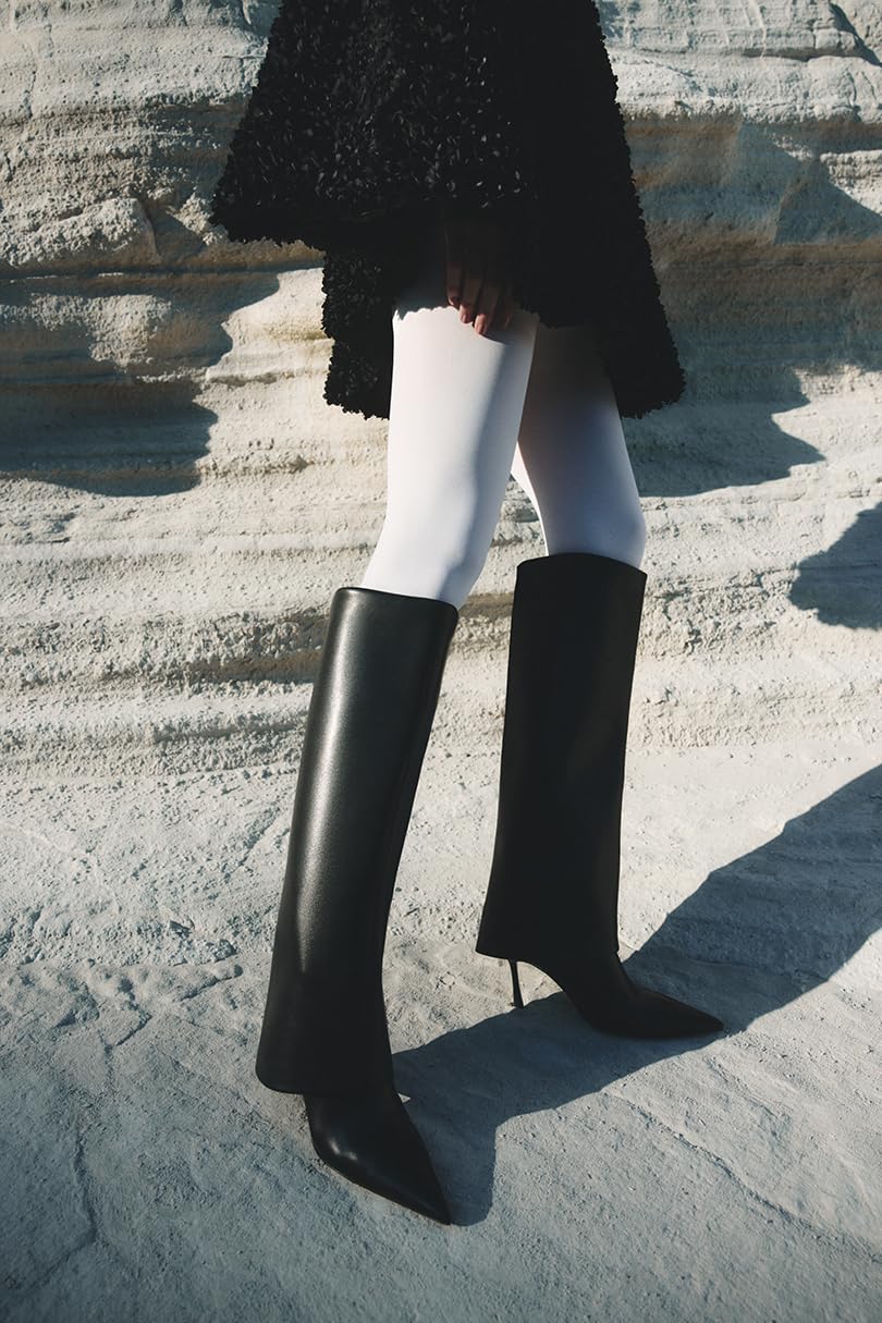 Knee High Boots Women Fold Over Boots Pointed Toe Stiletto Heel