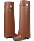 Fold Over Boots for Women Pointy Pull-on Wedge Heel Knee Shark Boot With Side Zipper Padlock Design