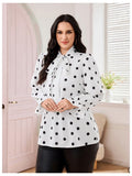On Dot Print Bow Tie Neck Long Sleeve Blouse