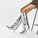 Women's Stiletto Heel Knee High Boots Square Toe Slip On Fold Over Boots For Women Leather Comfortable Dress Tall Boots