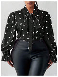 On Dot Print Bow Tie Neck Long Sleeve Blouse