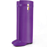 Fold Over Boots for Women Pointy Pull-on Wedge Heel Knee Shark Boot With Side Zipper Padlock Design