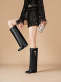 Fold Over Boots for Women Pointy Pull-on Wedge Heel Knee Shark Boot With Side Zipper Padlock Design