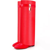 Fold Over Boots for Women Pointy Pull-on Wedge Heel Knee Shark Boot With Side Zipper Padlock Design