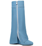 Fold Over Boots for Women Pointy Pull-on Wedge Heel Knee Shark Boot With Side Zipper Padlock Design
