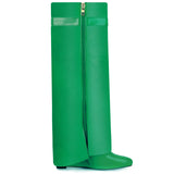 Fold Over Boots for Women Pointy Pull-on Wedge Heel Knee Shark Boot With Side Zipper Padlock Design