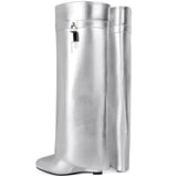 Fold Over Boots for Women Pointy Pull-on Wedge Heel Knee Shark Boot With Side Zipper Padlock Design