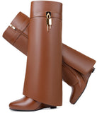 Fold Over Boots for Women Pointy Pull-on Wedge Heel Knee Shark Boot With Side Zipper Padlock Design