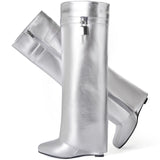 Fold Over Boots for Women Pointy Pull-on Wedge Heel Knee Shark Boot With Side Zipper Padlock Design