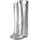 Fold Over Boots for Women Pointy Pull-on Wedge Heel Knee Shark Boot With Side Zipper Padlock Design