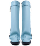 Fold Over Boots for Women Pointy Pull-on Wedge Heel Knee Shark Boot With Side Zipper Padlock Design