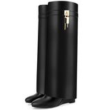 Fold Over Boots for Women Pointy Pull-on Wedge Heel Knee Shark Boot With Side Zipper Padlock Design