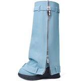 Fold Over Boots for Women Pointy Pull-on Wedge Heel Knee Shark Boot With Side Zipper Padlock Design
