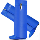 Fold Over Boots for Women Pointy Pull-on Wedge Heel Knee Shark Boot With Side Zipper Padlock Design